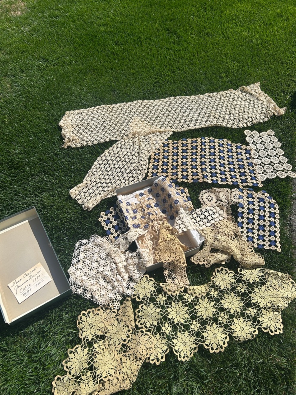 Vintage Crochet Lace Doilies and Runners and Trim Set - Cream and Ivory and Blue